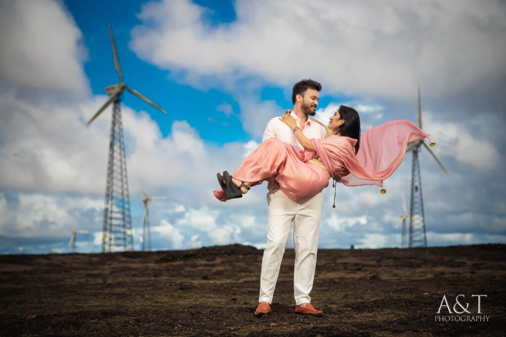 Romantic Pre-wedding Poses from Komal & Akash's Monsoon Couple Shoot from Satara Windmill Location by Top Wedding Photographer in Pune