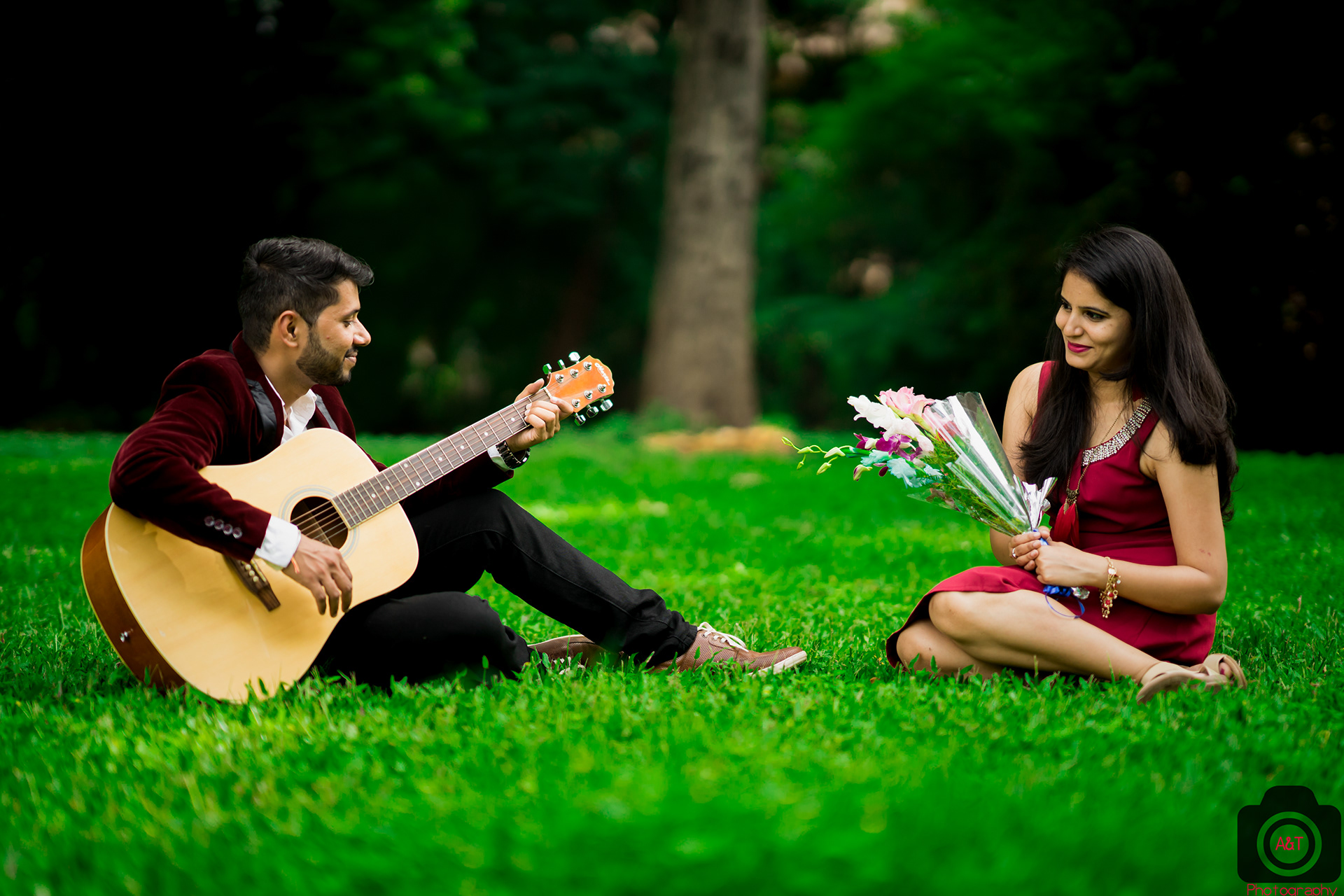 Young Couple Walking In A Romantic Mood With Guitar Outdoors In A Park.  Stock Photo, Picture and Royalty Free Image. Image 90798160.