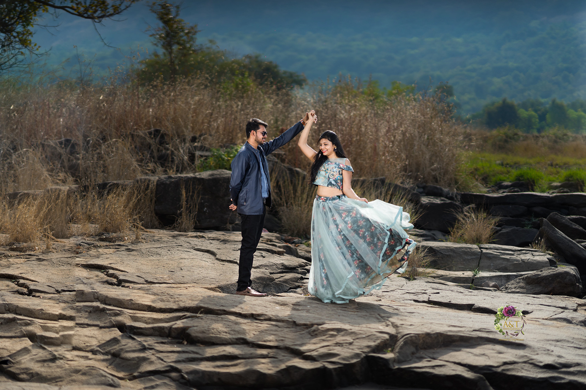 Aditya and Chandani having romantic pre-wedding poses at Tamini Ghat near Pune