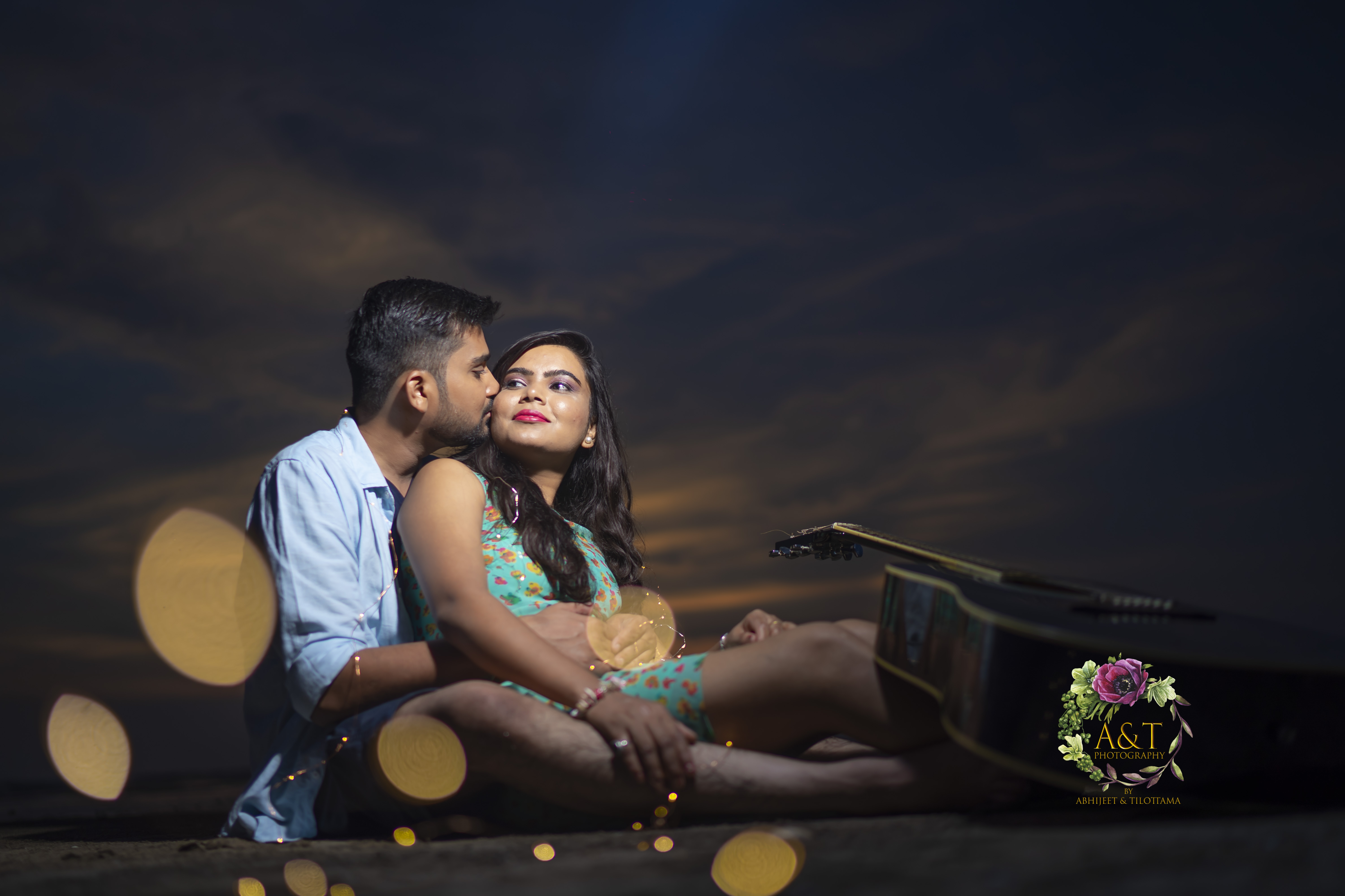 Monil & Vandana's Pre-wedding Photoshoot using amazing probs like fairy tail lights and guitar by best wedding photographer in Pune