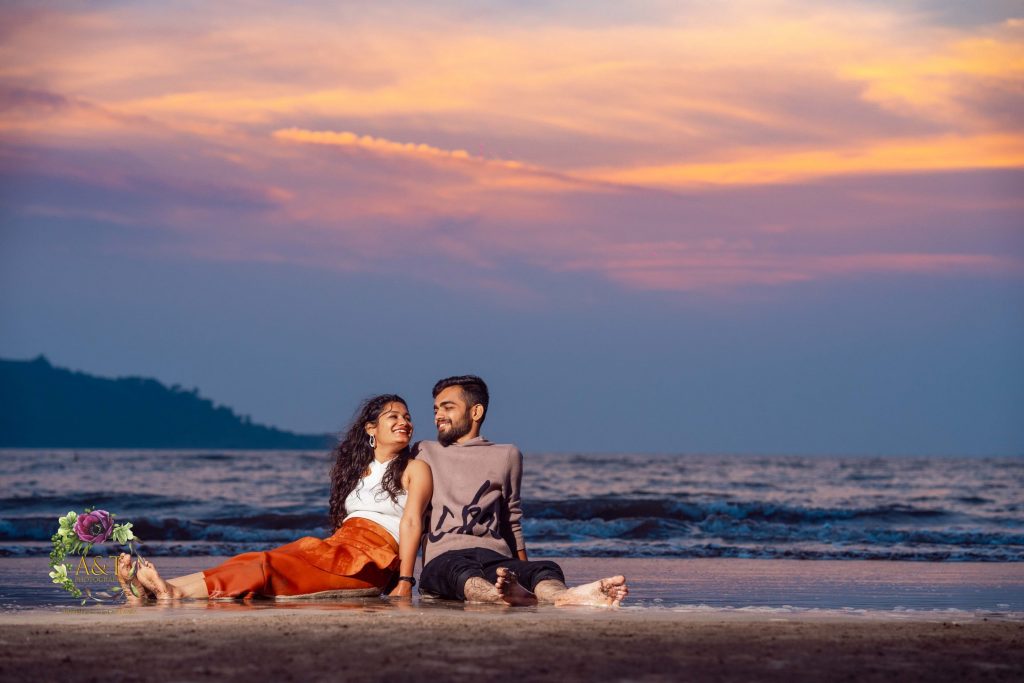 Couple Enjoying sunset at Goa beach. Image captured by best destination pre-wedding photographer
