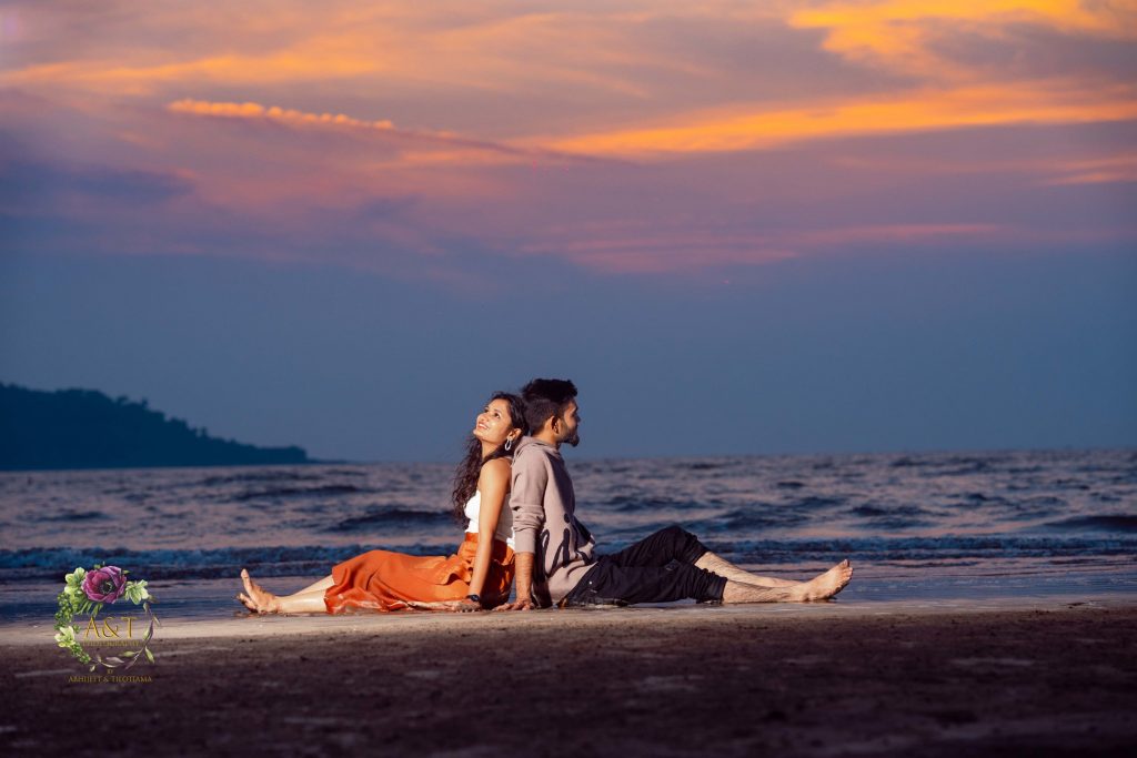 Pre wedding Poses on beach: Sit on water with your partner