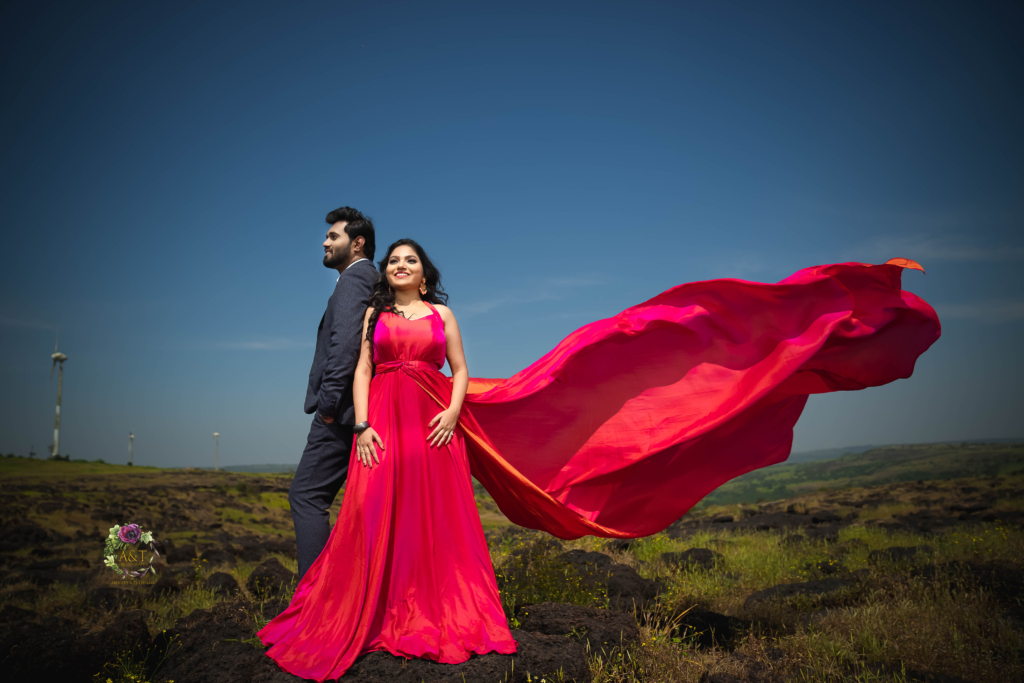 Flowing Tale of Bride's Gown add extra drama in this amazing pre-wedding picture clicked by Best Pre-wedding Photographer in Pune