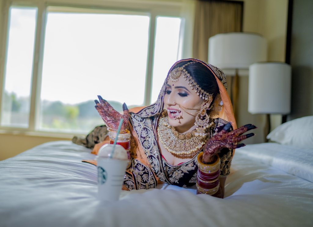 Bridal Portrait with Starbucks coffee captured by best wedding photographer in Pune 